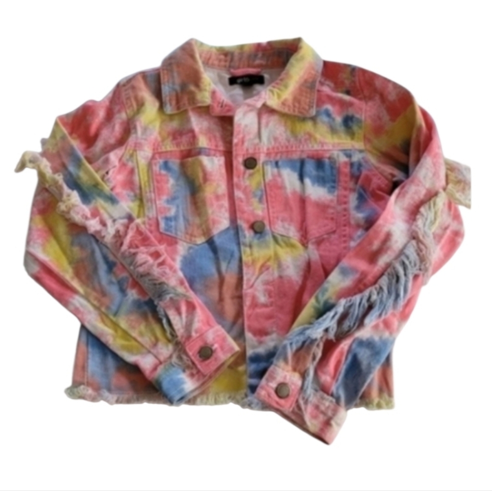 Vintage 80s Girls Pink and Blue Tie Dye Fringe Distressed Jacket Size 10 To 12